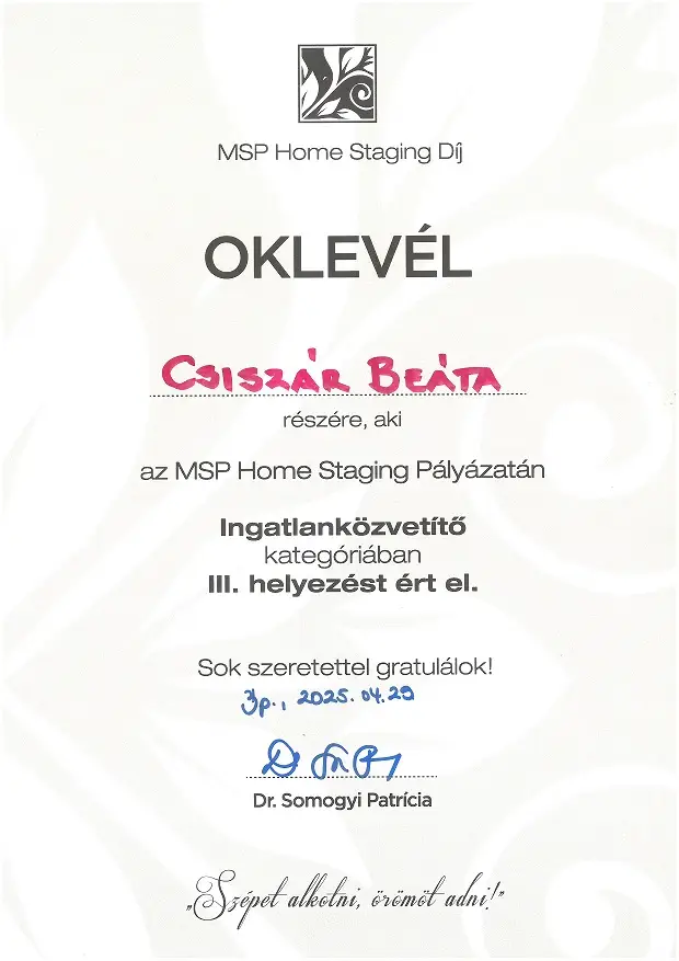 Csiszár Beáta, MSP HomeStaging díj III. helyezés